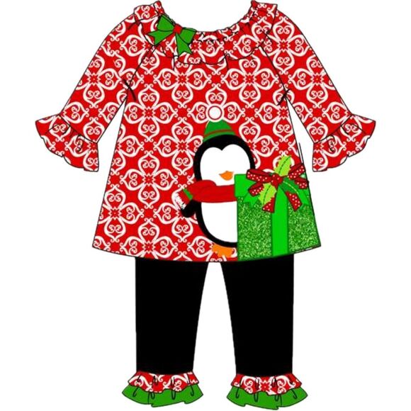 Rare Editions Girls Penguin Present Glitter Top & Flair Pants Set 3T Preowned - Picture 2 of 7